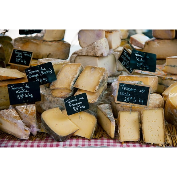 Art.com Cheese for Sale at a Market Stall, Lourmarin, Vaucluse, Provence-Alpes-Cote D'Azur, France Photographic Print, 18" x 12"