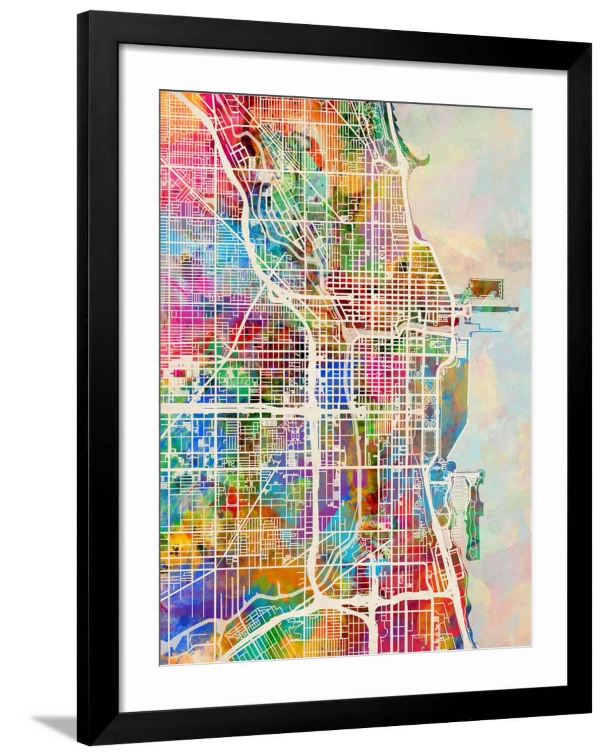Art.com Chicago City Street Map Art Print by Michael Tompsett, Black ...