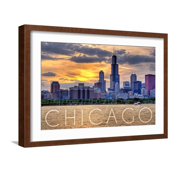 Art.com Chicago, Illinois - Moody Skyline Art Print by Lantern Press, Brown Frame Wall Art, 23" x 17"