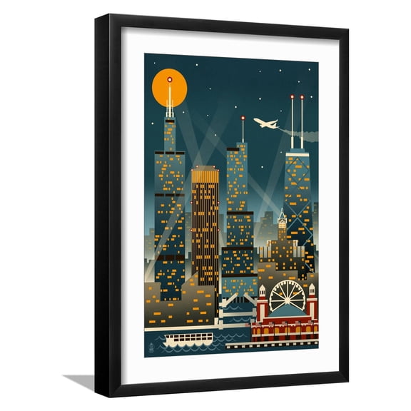 Art.com Chicago Illinois - Retro Skyline (no text) - Lantern Press Original Poster Art Print by Lantern Press, Black Frame Wall Art, 17" x 23"
