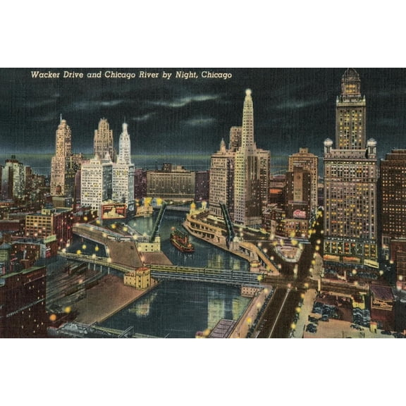 Art.com Chicago River at Wacker by Night, Chicago, Illinois Art Print, 36" x 24"
