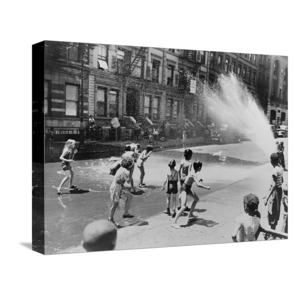Art.com Children Escape the Heat of the East Side by Opening a Fire Hydrant, New York City, June 1943 Stretched Canvas Print Wall Art, 16" x 12"