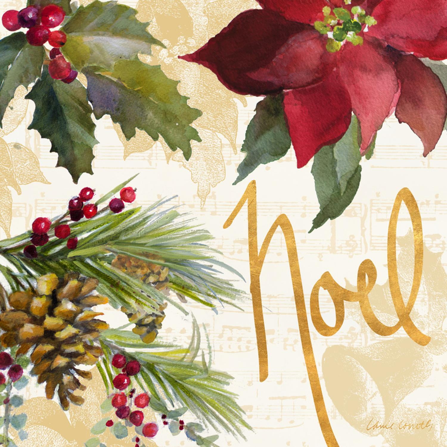 Christmas Poinsettia and Pine Cones Canvas Print, 16" x 16"