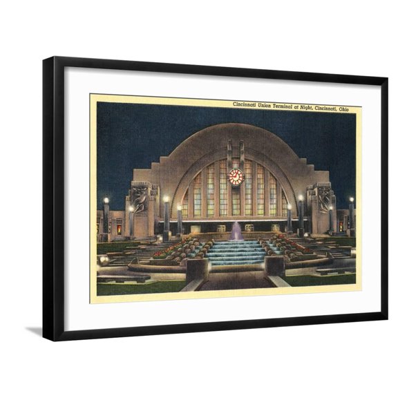 Art.com Cincinnati Union Terminal at Night, Cincinnati, Ohio Art Print, Black Frame Wall Art, 29" x 21"