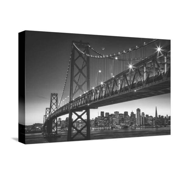 Art.com Classic San Francisco in Black and White, Bay Bridge at Night Stretched Canvas Print Wall Art by Vincent James, 18" x 12"