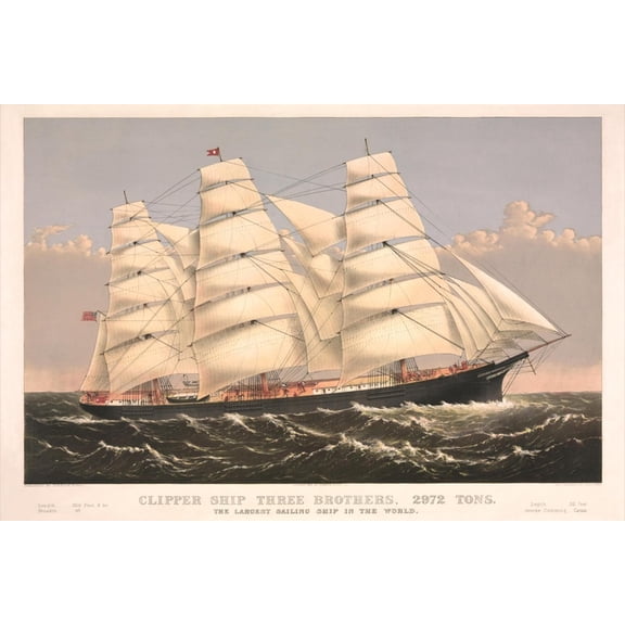 Art.com Clipper Ship Three Brothers, 2972 Tons, Largest Sailing Ship in the World Art Print, 36" x 24"