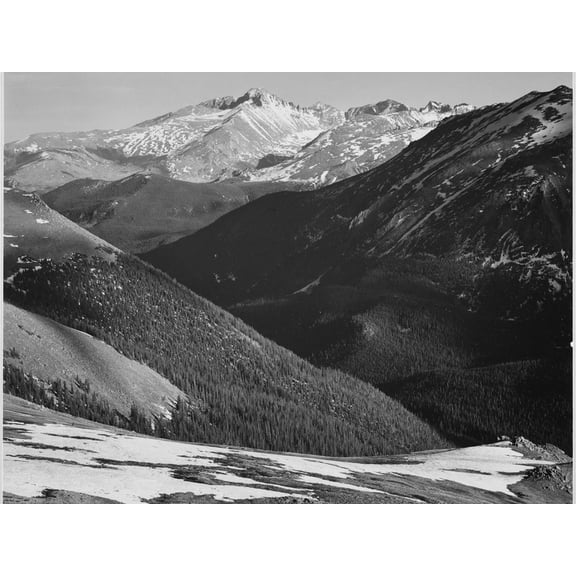 Art.com Close In View Dark Shadowed Hills In Fgnd Mts In Bkgd Long's Peak Rocky Mt NP Colorado 1933-1942 Art Print by Ansel Adams, 16" x 12"