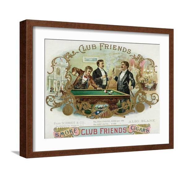 Art.com Club Friends Brand Cigar Box Label, Billards Art Print by Lantern Press, Brown Frame Wall Art, 21" x 17"