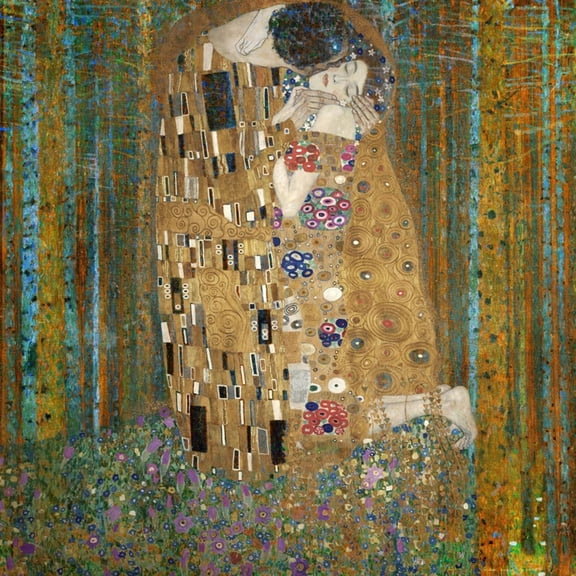 Art.com Collage Design with Painting Elements - The Kiss & Tannenwald (Pine Forest) Art Print by Elements of Gustav Klimt, 30" x 30"