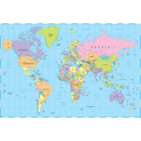 Art.com Colored World Map - Borders, Countries and Cities - Illustration Art Print by dikobraziy, 24" x 16"