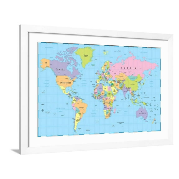 Art.com Colored World Map - Borders, Countries and Cities - Illustration Art Print by dikobraziy, White Frame Wall Art, 44" x 32"