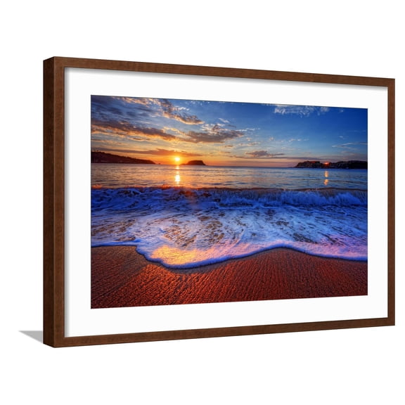 Art.com Colorful Sunrise with a Breaking Wave Photographic Print by West Coast Scapes, Brown Frame Wall Art, 29" x 21"