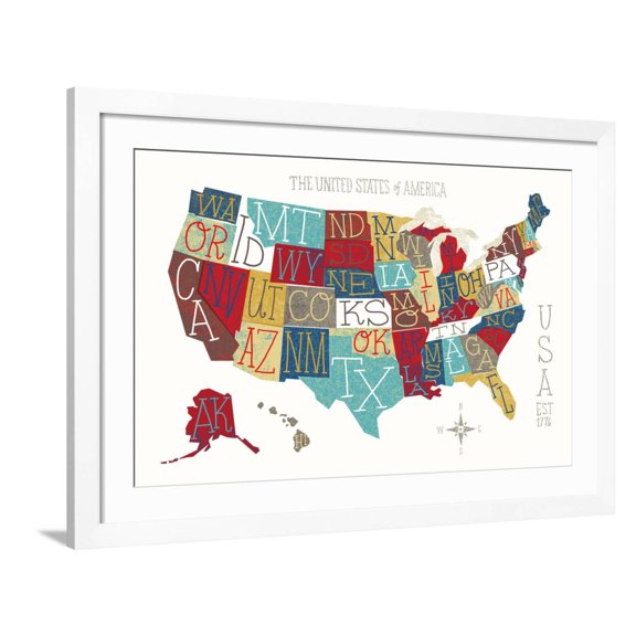 Art.com Colorful USA Map Art Print by Michael Mullan, White Frame Wall Art, 44" x 32"