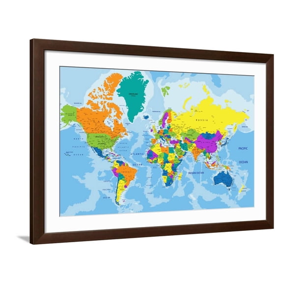 Art.com Colorful World Political Map with Clearly Labeled, Separated Layers. Vector Illustration. Art Print by Bardocz Peter, Brown Frame Wall Art, 44" x 32"