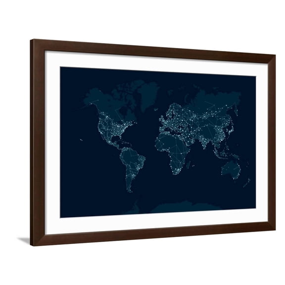 Art.com Communications Network Map of the World Art Print by Maxger, Brown Frame Wall Art, 44" x 32"