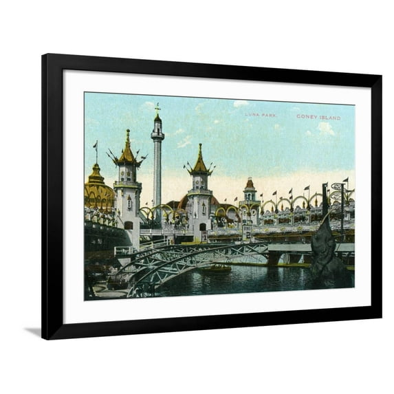 Art.com Coney Island, New York - Luna Park Scene Art Print by Lantern Press, Black Frame Wall Art, 44" x 32"