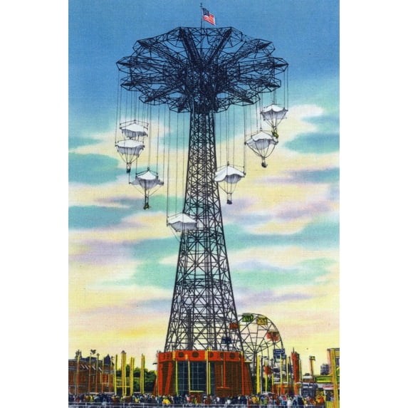 Art.com Coney Island, New York - Steeplechase Park Parachute Jump Daytime Scene Art Print by Lantern Press, 16" x 24"