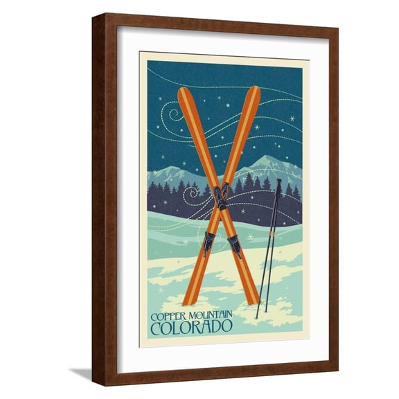 Art.com Copper Mountain, Colorado - Crossed Skis Art Print by Lantern Press, Brown Frame Wall Art, 17" x 23"
