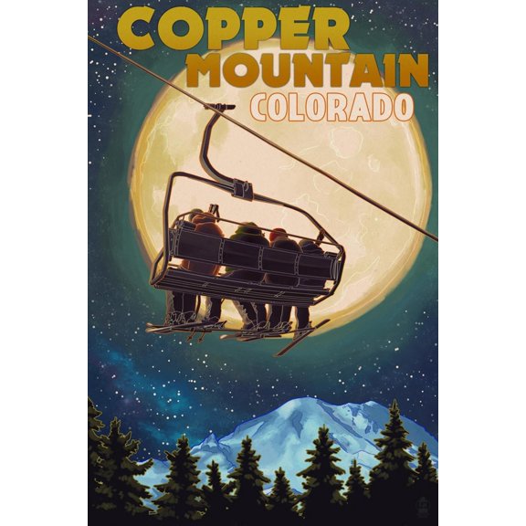 Art.com Copper Mountain, Colorado - Ski Lift and Full Moon Art Print by Lantern Press, 24" x 36"
