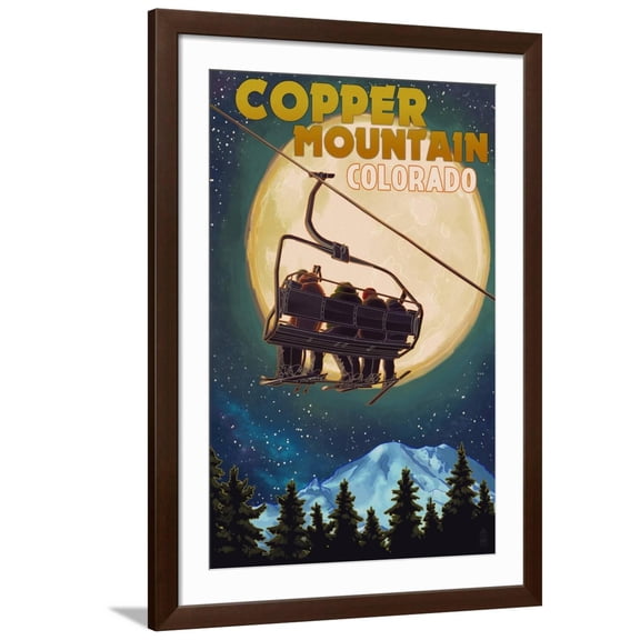 Art.com Copper Mountain, Colorado - Ski Lift and Full Moon Art Print by Lantern Press, Brown Frame Wall Art, 32" x 44"