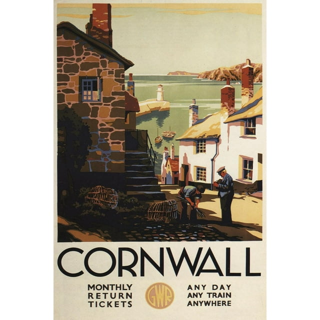 Art.com Cornwall, England - Street Scene with Two Men Working Railway Poster Art Print by Lantern Press, 16" x 24"