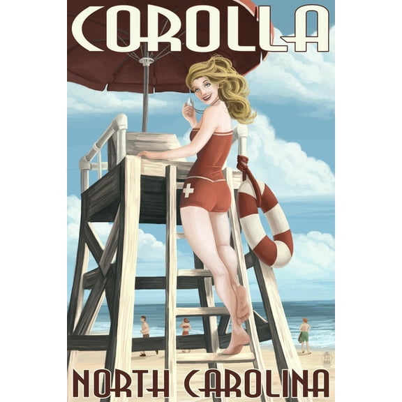 Art.com Corolla, North Carolina - Pinup Girl Lifeguard Art Print by Lantern Press, 12" x 18"