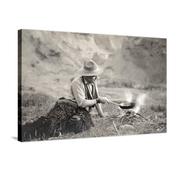 Art.com Cowboy Cooking over Campfire Stretched Canvas Print Wall Art, 36" x 24"
