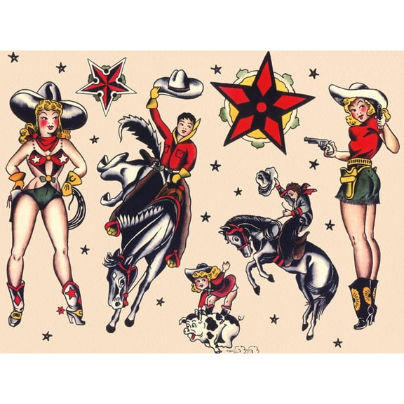 Art.com Cowboys & Cowgirls, Authentic Rodeo Tatooo Flash by Norman Collins, aka, Sailor Jerry Art Print by Piddix, 16" x 12"