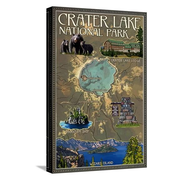 Art.com Crater Lake National Park, Oregon - Map and Icons Stretched Canvas Print Wall Art by Lantern Press, 12" x 18"