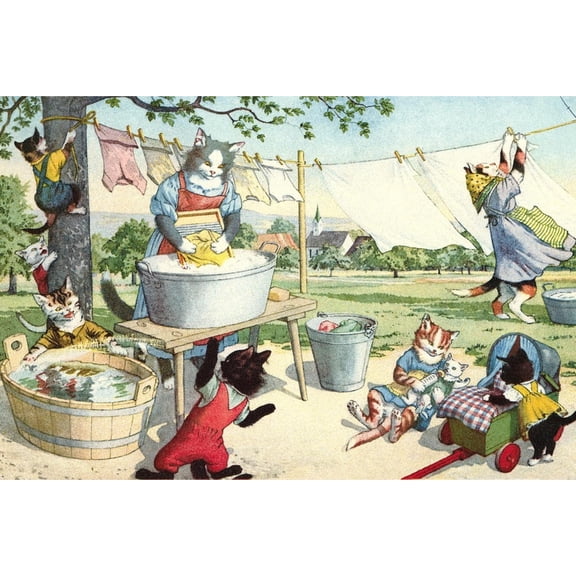 Art.com Crazy Cats Hanging Up Laundry Art Print, 18" x 12"