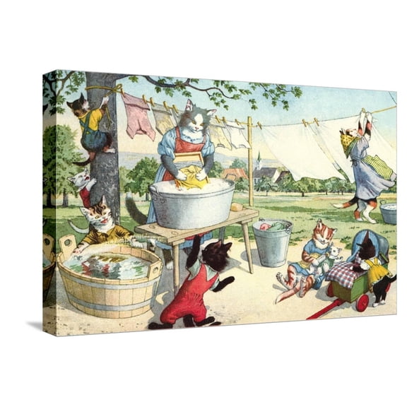 Art.com Crazy Cats Hanging Up Laundry Stretched Canvas Print Wall Art, 24" x 16"