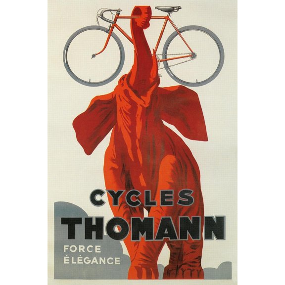 Art.com Cycles Thomann, Red Elephant Holding Bike Art Print, 12" x 18"