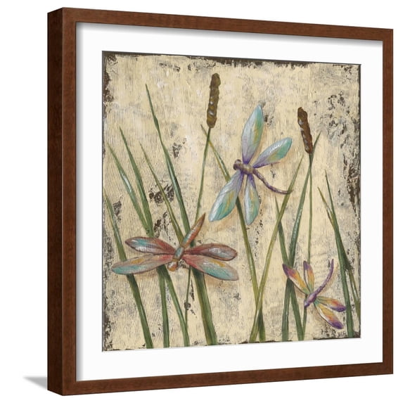 Art.com Dancing Dragonflies I Art Print by Jade Reynolds, Brown Frame Wall Art, 21" x 21"