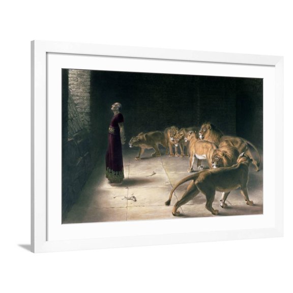 Art.com Daniel in the Lions Den, Mezzotint by J. B. Pratt, with Hand Colouring Giclee Print by Briton Rivi?re, White Frame Wall Art, 44" x 32"