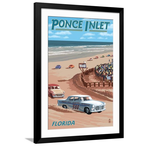Art.com Dayton Beach Race Scene, Ponce Inlet, FL Art Print by Lantern Press, Black Frame Wall Art, 32" x 44"