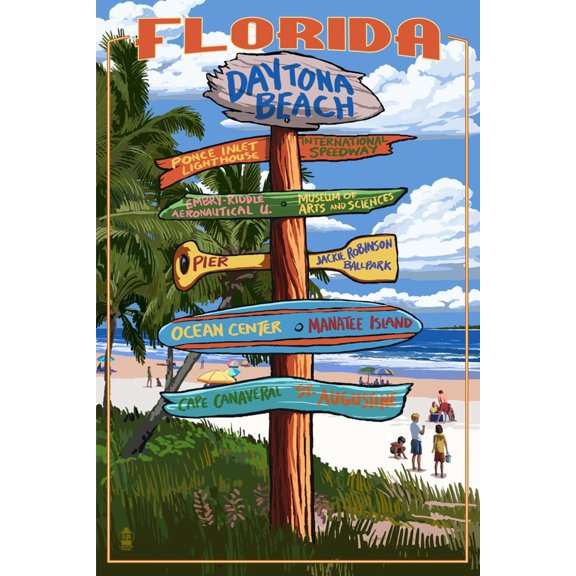 Art.com Daytona Beach, Florida - Sign Destinations Art Print by Lantern Press, 12" x 18"