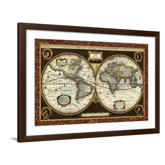 Art.com Decorative World Map Art Print by Vision Studio, Brown Frame Wall Art, 44" x 32"