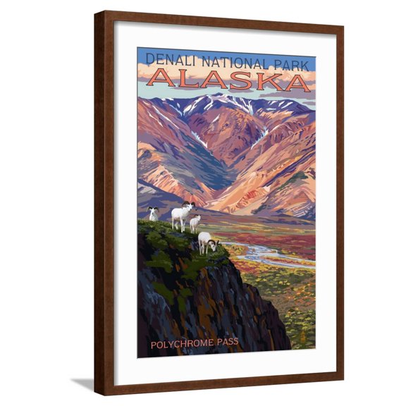 Art.com Denali National Park, Alaska - Polychrome Pass Art Print by Lantern Press, Brown Frame Wall Art, 21" x 29"