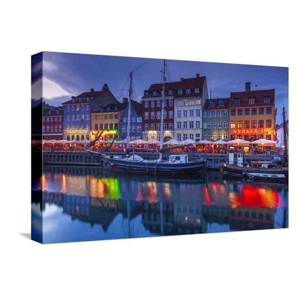 Art.com Denmark, Zealand, Copenhagen, Nyhavn Harbor, Evening Stretched Canvas Print Wall Art by Walter Bibikow, 18" x 12"