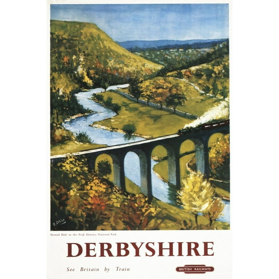 Art.com Derbyshire, England - Monsal Dale, Train and Viaduct British Rail Poster Art Print by Lantern Press, 12" x 18"