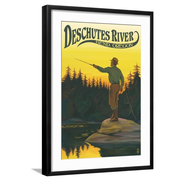 Art.com Deschutes River - Bend, Oregon - Fisherman Casting Art Print by Lantern Press, Black Frame Wall Art, 21" x 29"