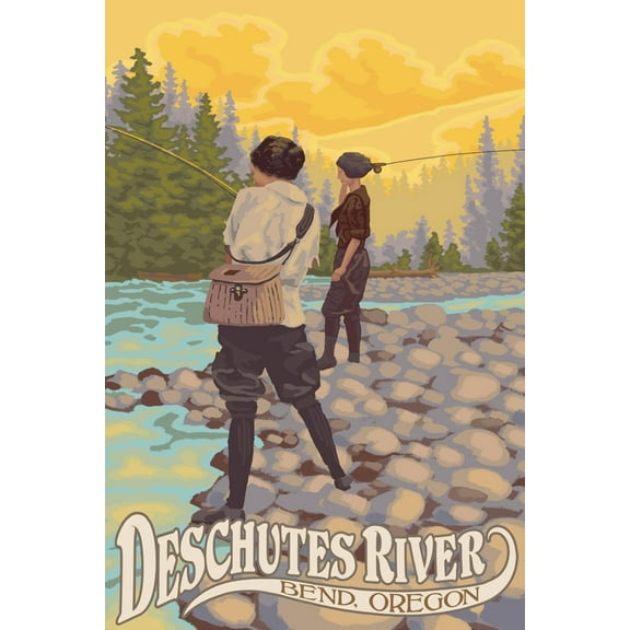 Art.com Deschutes River - Bend, Oregon - Women Fishing Art Print by Lantern Press, 12" x 18"