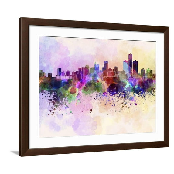 Art.com Detroit Skyline in Watercolor Background Art Print by paulrommer, Brown Frame Wall Art, 40" x 32"