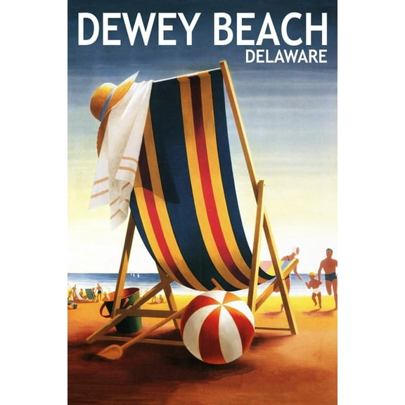 Art.com Dewey Beach, Delaware - Beach Chair and Ball Art Print by Lantern Press, 12" x 18"
