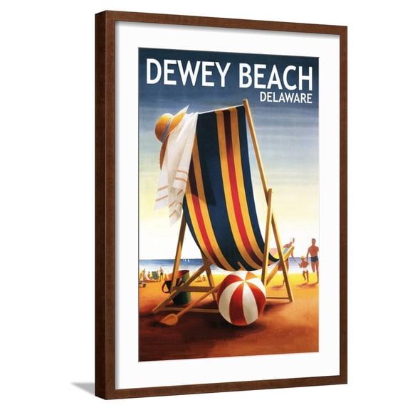 Art.com Dewey Beach, Delaware - Beach Chair and Ball Art Print by Lantern Press, Brown Frame Wall Art, 21" x 29"