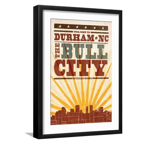 Art.com Durham, North Carolina - Skyline and Sunburst Screenprint Style Art Print by Lantern Press, Black Frame Wall Art, 17" x 23"