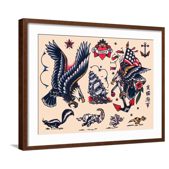 Eagles & Ships, Authentic Tattoo Flash by Norman Collins, aka