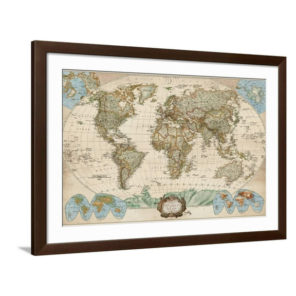 Art.com Educational World Map Art Print by Elizabeth Medley, Brown Frame Wall Art, 44" x 32"