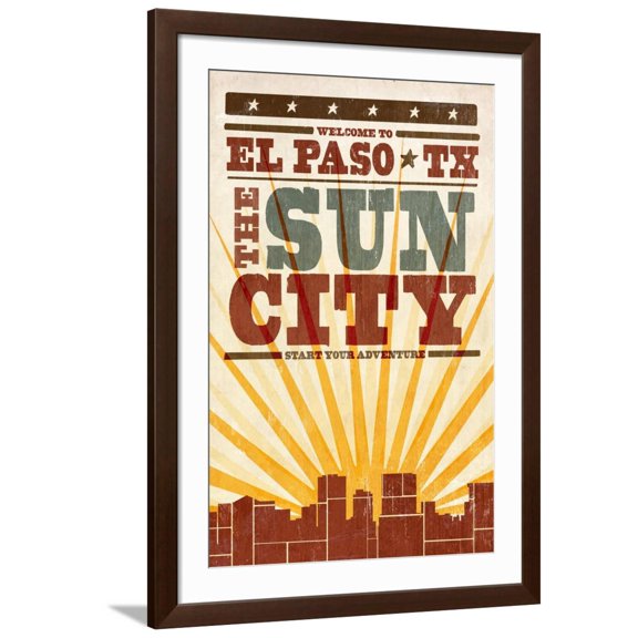 Art.com El Paso, Texas - Skyline and Sunburst Screenprint Style Art Print by Lantern Press, Brown Frame Wall Art, 32" x 44"