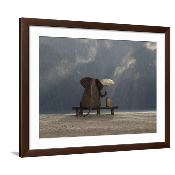Art.com Elephant And Dog Sit Under The Rain Photographic Print by Mike_Kiev, Brown Frame Wall Art, 40" x 32"